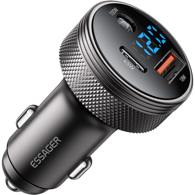 Essager DC 12V 100W USB A+C포트 3포트 차량용 시거잭 자동차 초고속 충전기, 회색, DC+C+A포트