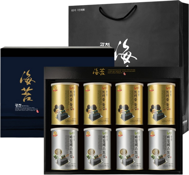 명품 해달음 광천 일품3호 트러플 돌김 바질페스토 재래김 도시락캔김 고급 답례품 쇼핑백포함 8P 선물세트, 1세트
