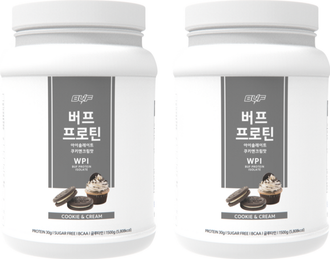 버프 프로틴 아이솔레이트 WPI 100% 유청 단백질 파우더 헬스 보충제 파우더 쿠키앤크림 1.5kg, 2개