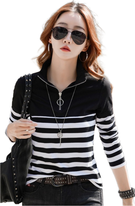 봄가을용 여성 긴팔 티셔츠 스트라이프 패턴 스타일리시 디자인 루즈핏 대형 사이즈 편안 착용 가능 클래식 레이어링 베이직 아이템