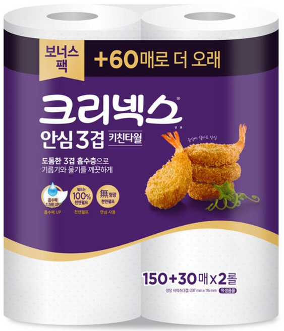 크리넥스 안심3겹 키친타월 150+30매 x 2롤 생활용품 > 화장지/물티슈 화장지/티슈 키친타올 롤키친타올, 1개