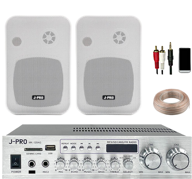제이프로 240W 블루투스 매장용 카페 매장 업소용 벽걸이 미니 앰프 스피커 2개 세트+리모콘+PC선 1.5M+스피커케이블 20M, 화이트