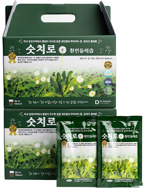 숫치로 흰민들레즙 국내최대 고함량 7%~ 80ml 50포/80ml 100포(실속형) 뿌리까지통째로 특허기술추출 위건강&간건강 1일1포해결 HACCP인증, 50개