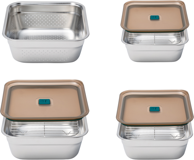 보관 세척 조리 한번에! 블라썸 스텐 사각 스퀘어 밧드 트레이 세트 10P 세트(+와이어랙 뚜껑포함), 1개