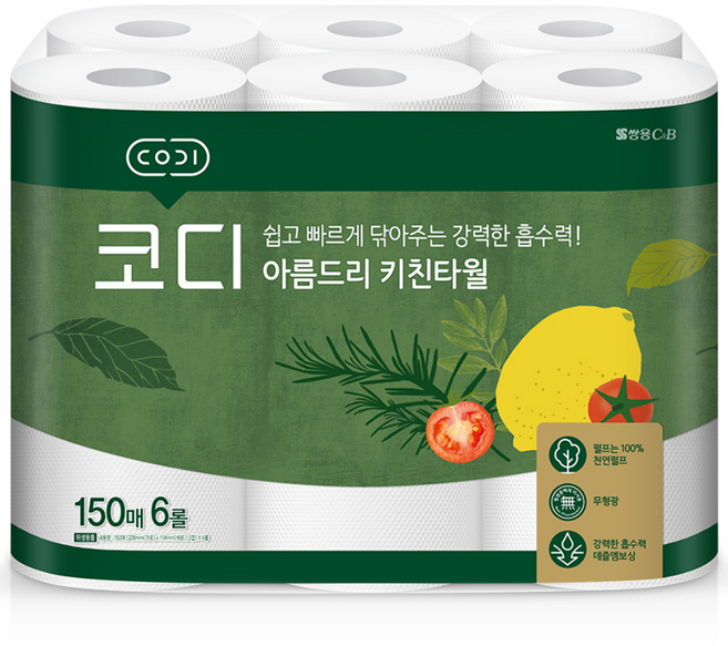 코디 아름드리 천연펄프 키친타올, 150매, 6개