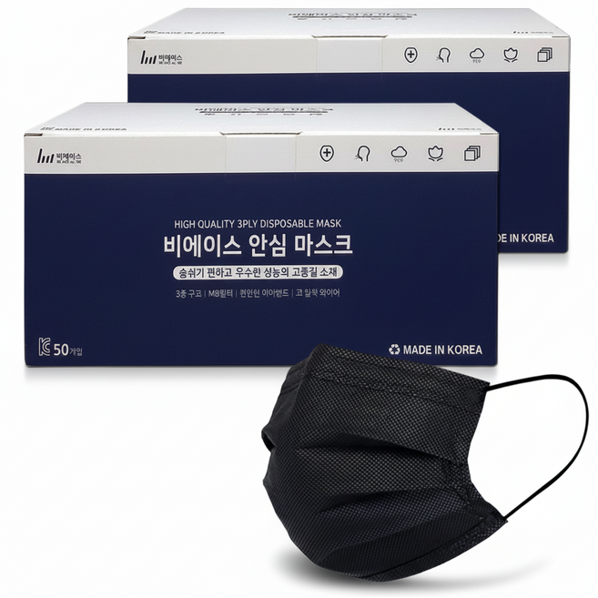 비에이스 국산 일회용 덴탈마스크, 100매, 1개, 대형 블랙