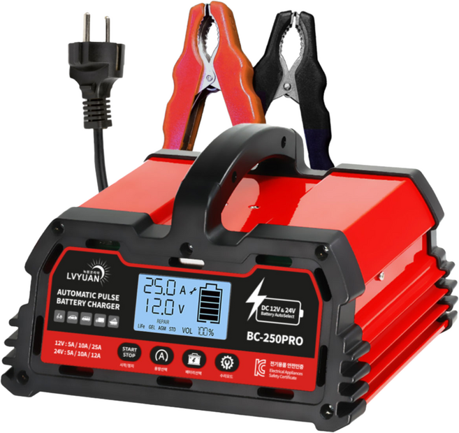 루앤 차량용 배터리 충전기 오토바이 화물차 트럭 스마트 자동 초고속충전, 1개, BC-250 PRO  12V24V-5A/10A/25A