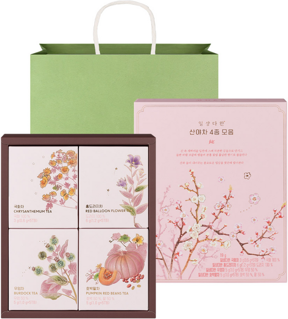일상다완 산야차 4종 모음 세트, 국화차 5p + 홍도라지차 5p + 우엉차 5p + 호박팥차 5p + 쇼핑백, 1세트