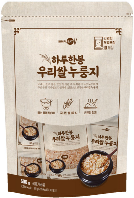 심플잇 하루한봉 우리쌀 누룽지, 600g, 1개