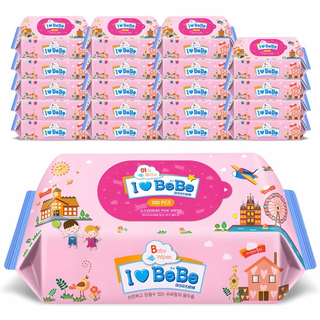 아이러브베베 핑크 물티슈 리필형, 100매, 20개