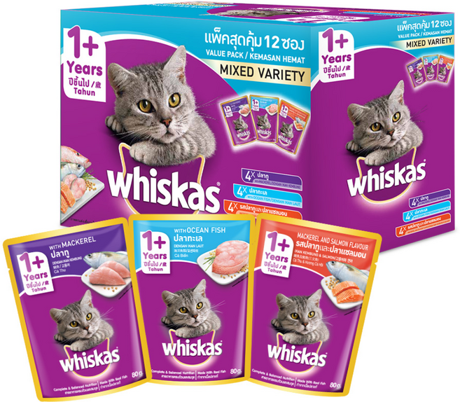 위스카스 어덜트 고양이 파우치 믹스드 버라이어티팩 습식사료 고등어 + 오션피쉬 + 고등어와 연어, 혼합맛, 80g, 12개