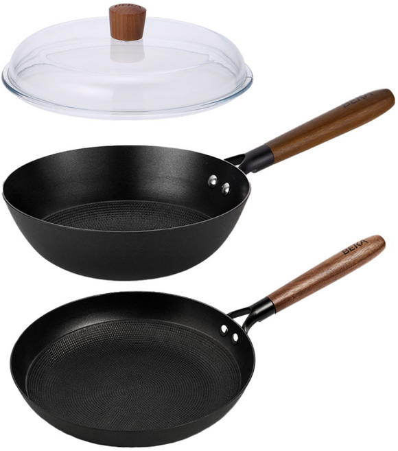 베카 시즈닝 무쇠 주물 프라이팬 24cm 3종 세트, 1개, 24cm 프라이팬 + 궁중팬 + 유리뚜껑, 블랙