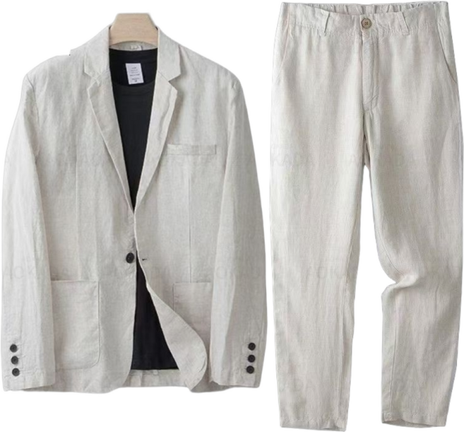 AOKADA 남성 봄 여름 루즈핏 린넨 자켓 블레이져 수트 캐쥬얼 정장 세트