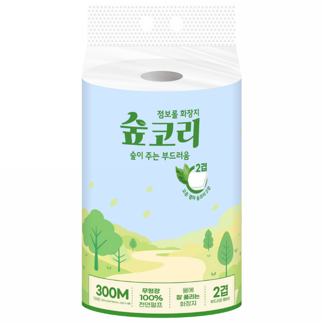 숲코리 점보롤 2겹 100% 천연펄프 점보롤 화장지 무형광 대용량, 1개, 4롤, 300m