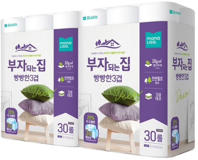 모나리자 부자되는집 빵빵한 3겹 데코 화장지 30m 60롤 휴지, 30개입