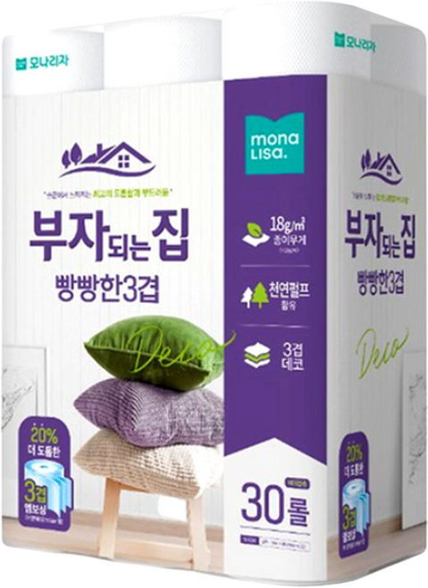 모나리자 부자되는집 빵빵화장지 3겹 30m 30롤 비데겸용, 1세트