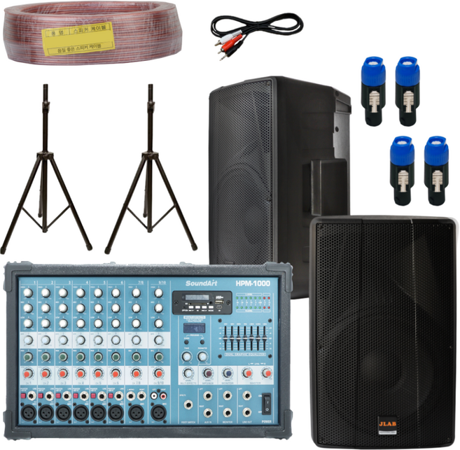 12인치 패시브스피커 + 파워드 믹서 800W + 스피커선 + 스피커스탠드 세트 스피닝 헬스장 GX룸 음향기기 패키지, 2개, 100M(69심)