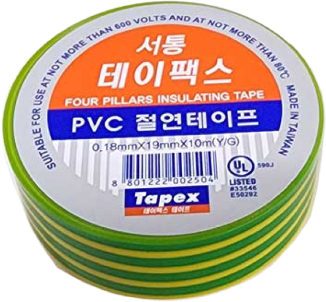 서통 절연 테이프 녹황색 1개 테이팩스 전기선 소모품 PVC절연테이프 서통테이팩스 내열 마스킹 누전방지 산업소모품 절연테이프 전선용 전기절연테이프 전선테이프 전선테잎 전기테이프