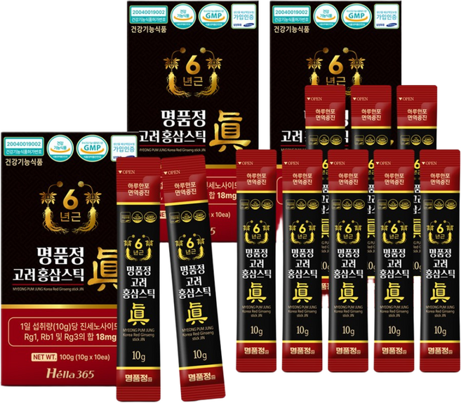 명품정 6년근 고려 홍삼 스틱 진 실속형 1포당 진세노사이드 18mg, 10g, 30개
