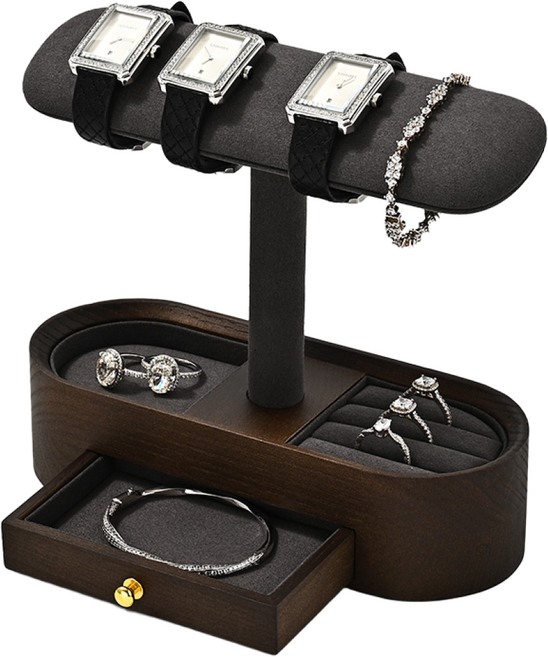 FANXI 고급 시계거치대 원목 T-바 시계거치대 목걸이 팔찌 진열대 보석 스탠드 손목시계 정리함 악세사리 보관함 서랍함 시계 전시대 반지 수납함 목걸이 보관함 생일선물 가족용, 그레이, 1개