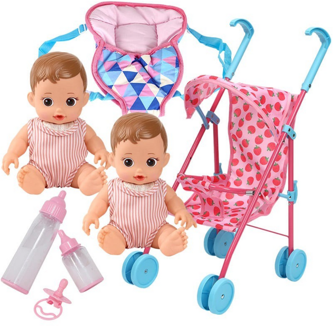 [캐스B] 플레이 쌍둥이 돌보기세트(1088set) 아기인형2종 유모차 아기띠 쪽쪽이놀이, 1개
