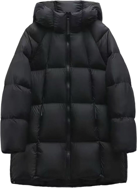 TIMEPURE 여성용 루즈핏 중롱 기장 다운패딩 후드 아우터 두꺼운 따뜻한 겨울 패딩 코트 캐주얼 데일리룩 트렌디 여성 패션 오피스룩 편안한 겨울 아우터