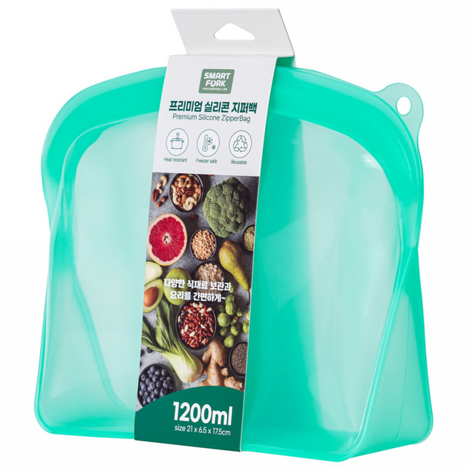 [스마트포크] 실리콘지퍼백 푸드백 1P 다회용 밀폐 보관용기 전자렌지용, 600ml, 그린