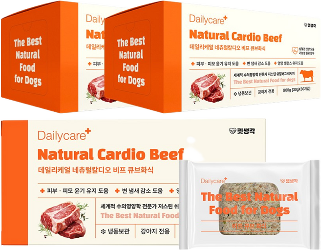 펫생각 데일리케얼 기능성 강아지 화식 네츄럴 칼디오 (비프 / 치킨) 30p 습식사료 강아지 사료 간식 보양식, 3개, 900g, 소