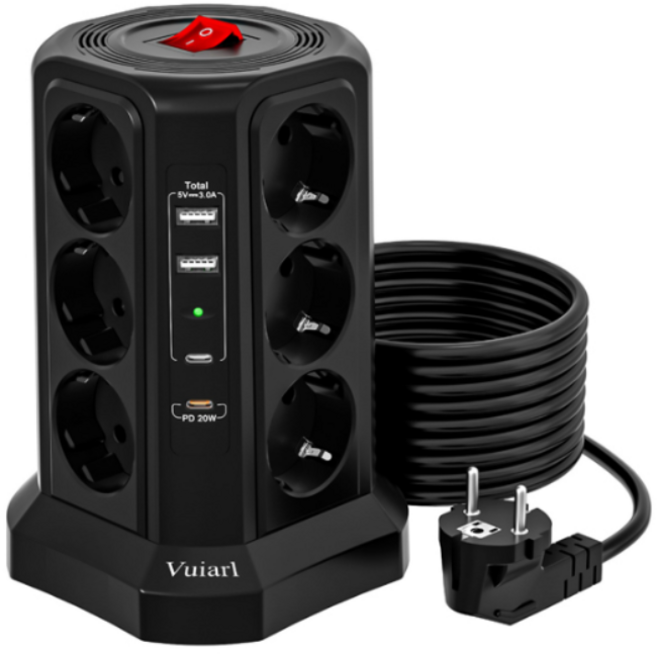 Vuiarl 고용량 타워 멀티탭 12구 타워형 충전 플러그, 1개, 블랙, 1.8m