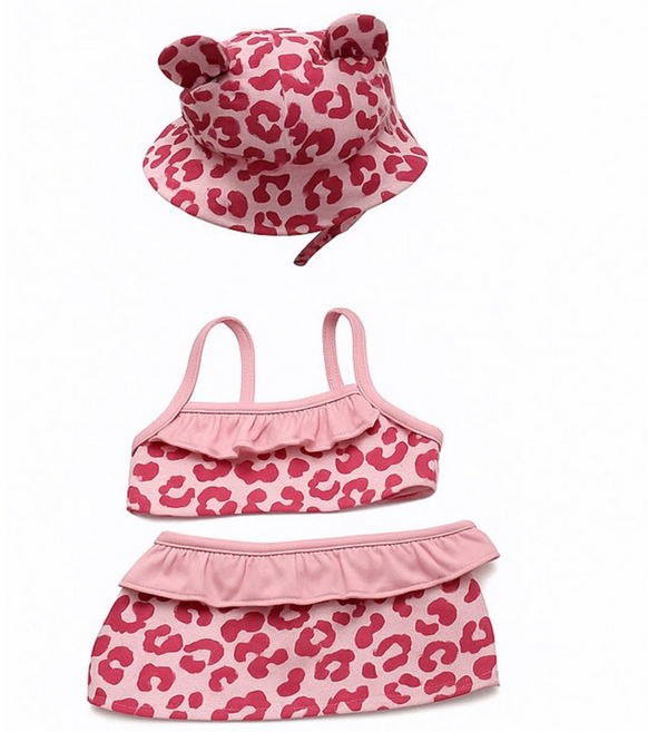 아늑상점 강아지 플라워 비키니 수영복 모자 세트, 1세트, 레오파드 핑크