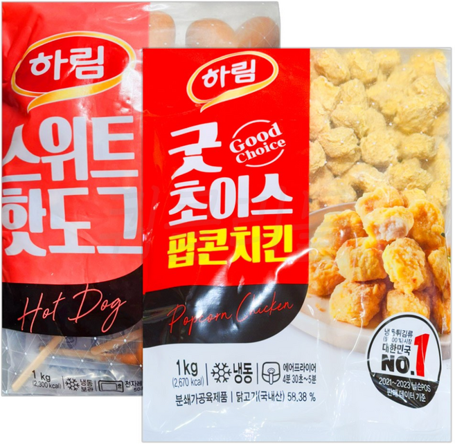팔도맛쟁이 하림 스위트 핫도그 1kg + 굿초이스 팝콘치킨 1kg, 2개