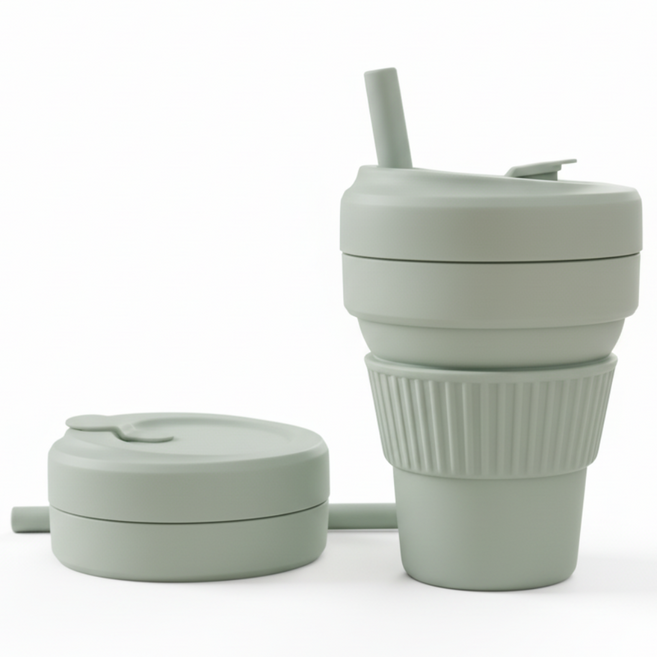 퓨어미즈키 접이식 실리콘 텀블러 그란데 빨대 포함, 1개, 470ml, 세이지