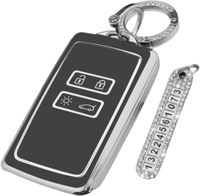 키에티 르노 호환 QM6 XM3 실버라인 스마트 차 키케이스 키홀더 + 분실방지 큐빅 전화번호판, 블랙 실버라인