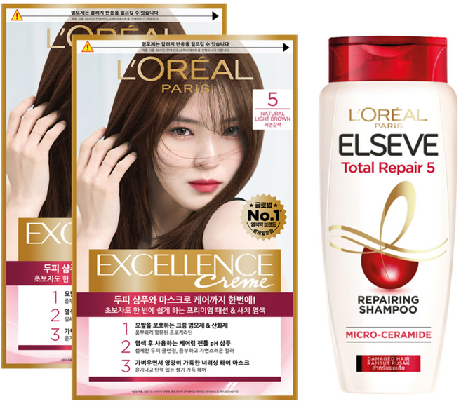 로레알파리 엑셀랑스 크림 염색제 5호 2p + 샴푸 155ml 기획세트, 1세트