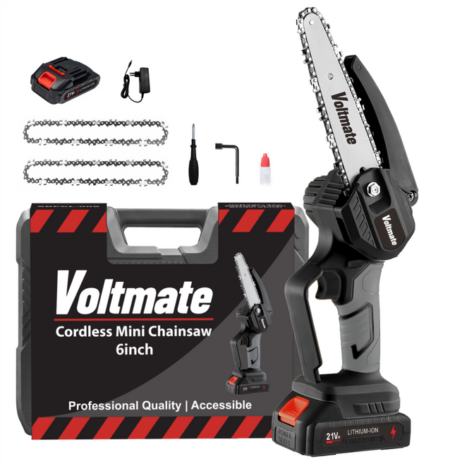 VoltMate 독일 21V 고성능 6인치 전기 체인톱 리튬 충전톱 다기능 무선 전기톱 2000mAh, 1세트