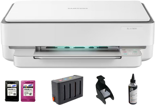 삼성전자 컬러 잉크젯복합기 SL-J1780W+무한잉크장착(400ML)+충전검정 인쇄/복사/스캔/WIFI/자동양면인쇄 정부24지원 가능 무한공급기 무한리필