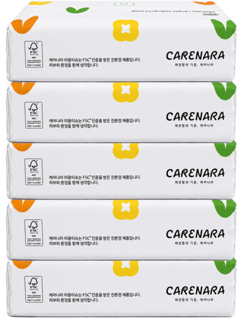 케어나라 미용티슈 소프트팩 150매 2겹 100% 천연펄프 미용티슈, 5개, 150개입