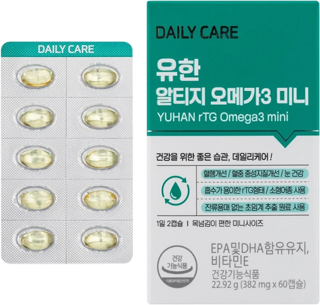 유한양행 유한 알티지 오메가3 미니 60캡슐 x 1개 초임계 추출 EPA DHA 비타민E, 1회분, 60개 - 쿠팡