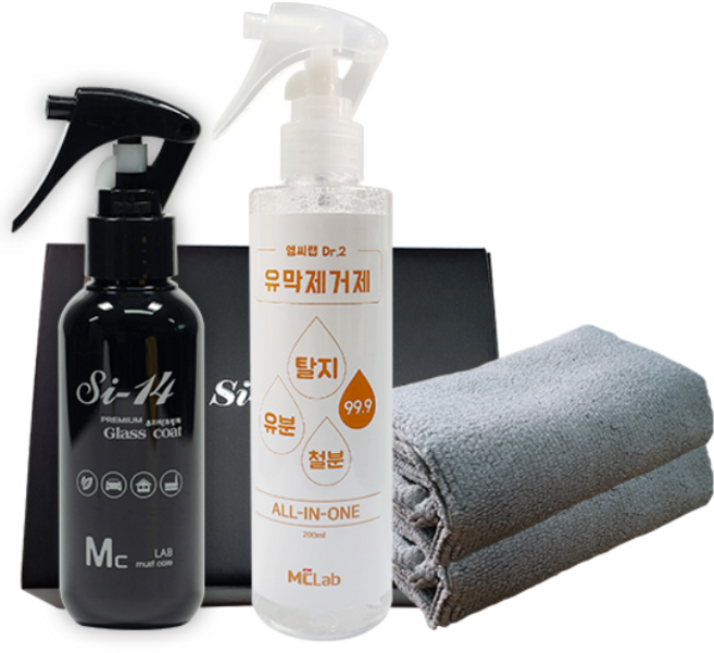 엠씨랩 자동차 잔사없는 셀프 유리막 발수 코팅 코팅제 관리제 유막제거제 타올2장 세트, 120ml