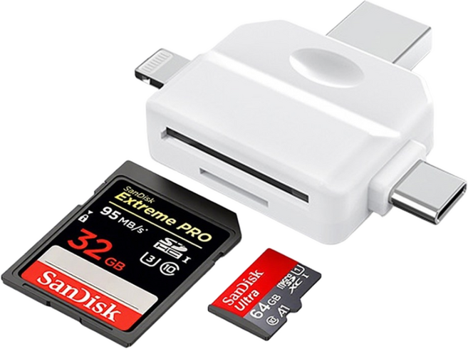 USB C타입 아이폰 트리플 커넥터 카드리더기 SD카드 마이크로SD 카드, 화이트
