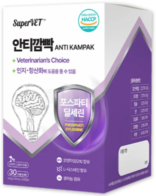 강아지 고양이 인지 영양제 뇌 치매 치매예방 항산화제 슈퍼벳 안티깜빡, 1개, 뇌/인지, 30정 - 쿠팡