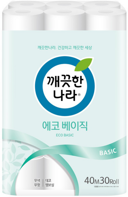 깨끗한나라 에코 베이직 2겹 롤화장지, 40m, 30개입, 1개