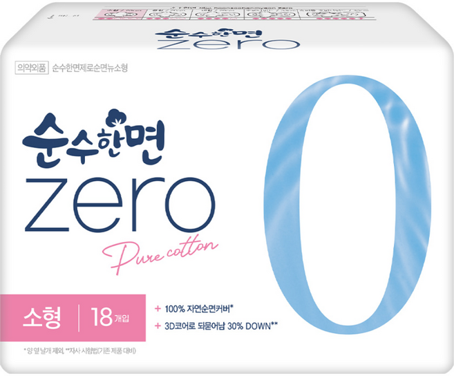 순수한면 제로 순면 생리대 날개형, 소형, 18개입, 6개