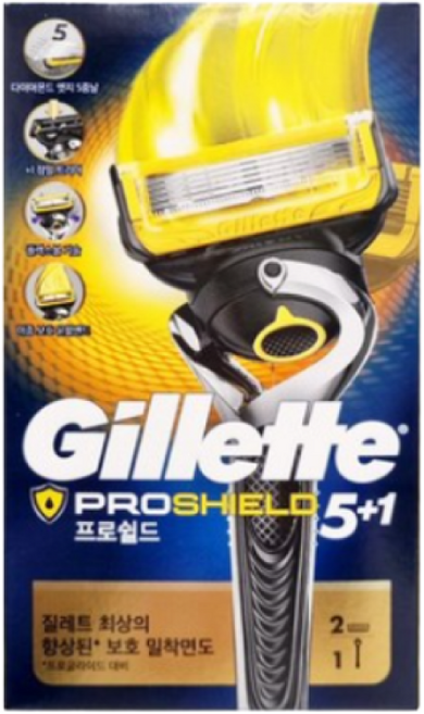 질레트 퓨전 프로쉴드 옐로우 면도기 핸들 1개 + 여분날 2개 세트, 3개