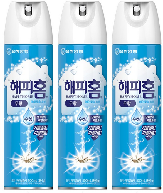 gagu4515 유한양행 해피홈 무향 에어로솔 500ml 3개 해충퇴치용품 스프레이모기약 모기살충제 파리살충제, 단품