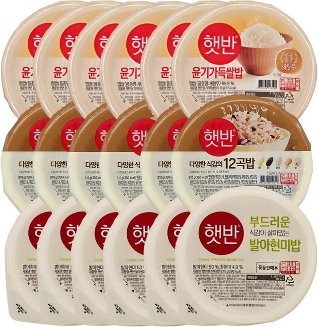 CJ 햇반 신제품 건강 식단 (백미 + 12곡밥 + 발아현미) 캠핑 저속노화 자취 요리 즉석밥, 18개, 210g