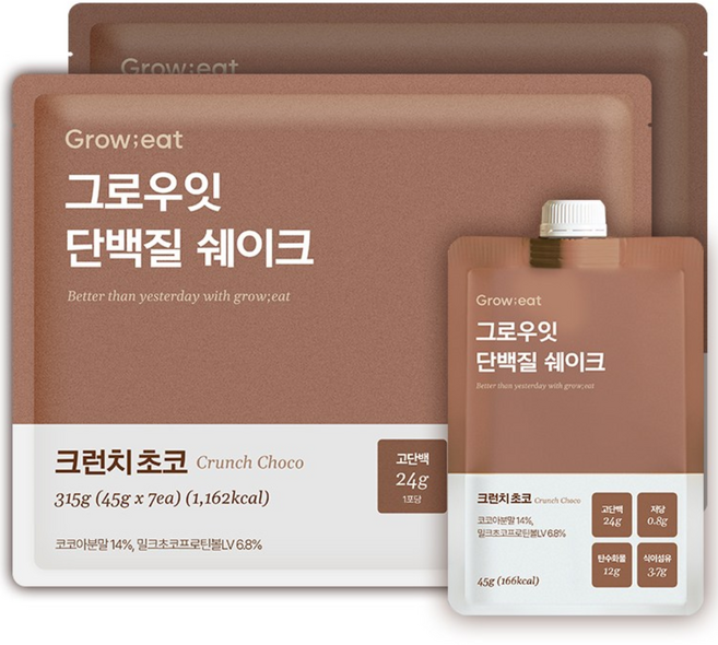 그로우잇 단백질 쉐이크 파우치 저당 식사대용 크런치초코 25g, 2팩(14개입)