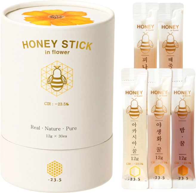 -23.5 꿀스틱 스틱꿀 30포 100% 국산 벌꿀 아카시아꿀 야생화꿀 잡화꿀 밤꿀 대추나무꿀 피나무꿀 때죽나무꿀 한달분 선물 답례품, 360g, 1개 - 쿠팡