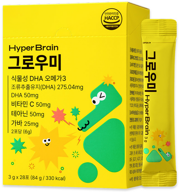 [공식몰] 하이퍼브레인 그로우미 팝핑 분말 키즈 오메가3 테아닌 가바 비타민, 1박스, 84g