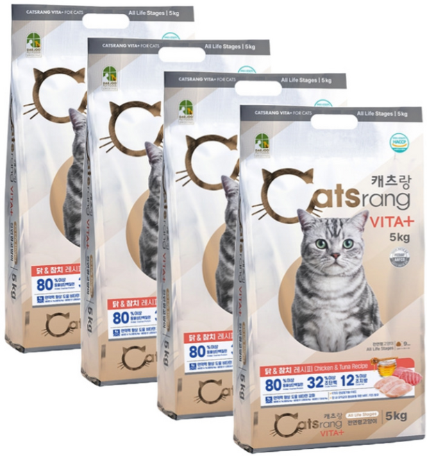 NEW 캐츠랑 5kg x 4포 전연령 캣츠랑 고양이 사료, 닭+참치, 4개
